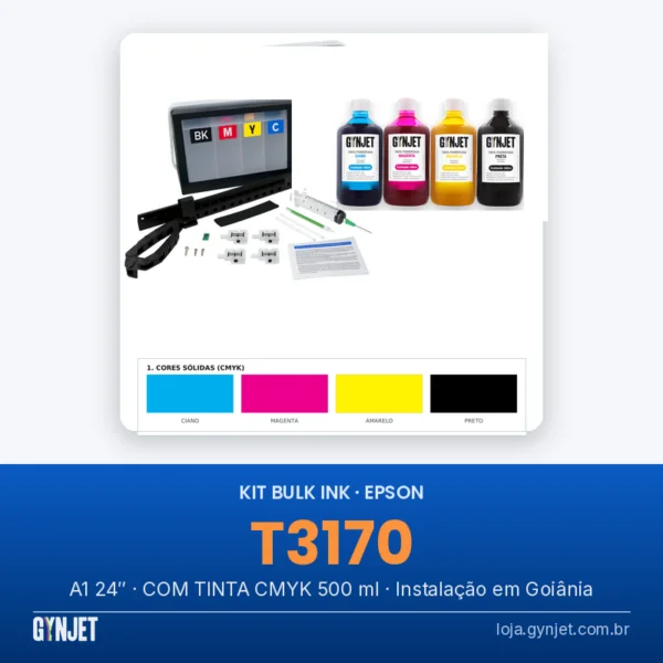 Kit Bulk Ink para Epson SureColor T3170 (A1, 24 polegadas) com 4 frascos de tinta pigmentada GYNJET ciano, magenta, amarelo e preto, reservatório, esteira, dampers, seringa e manual, com página de teste CMYK