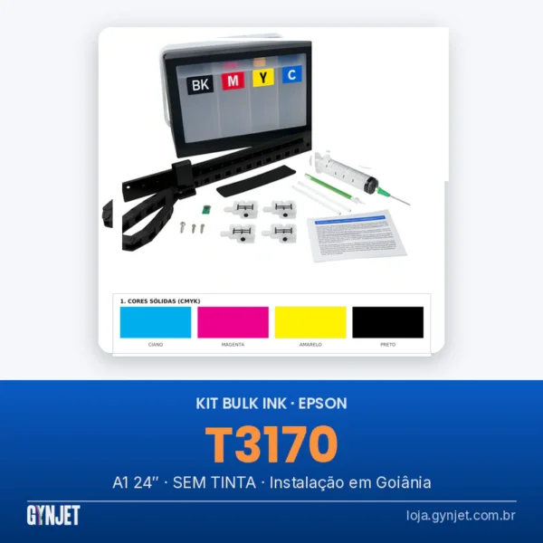 Kit Bulk Ink para Epson SureColor T3170 (A1, 24 polegadas) sem tinta: reservatório de 4 cores, esteira, dampers, seringa e manual, com página de teste CMYK da GYNJET