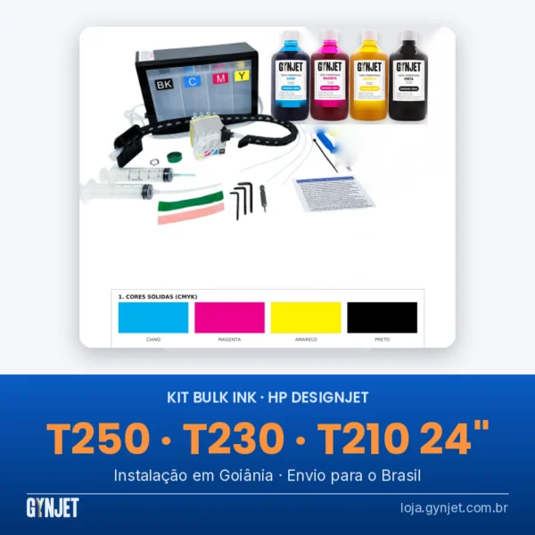 Kit Bulk Ink para HP DesignJet T250, T230 e T210 (24 polegadas): reservatório de 4 cores, cartuchos recarregáveis, esteira, seringa, chaves e manual, com 4 frascos de tinta pigmentada GYNJET ciano, magenta, amarelo e preto e página de teste CMYK