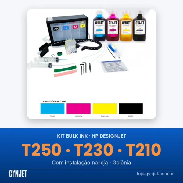 Bulk Ink para HP DesignJet T250, T230 e T210 com instalação em Goiânia: reservatório de 4 cores, cartuchos recarregáveis, esteira, seringa, chaves e manual, com 4 frascos de tinta pigmentada GYNJET ciano, magenta, amarelo e preto e página de teste CMYK