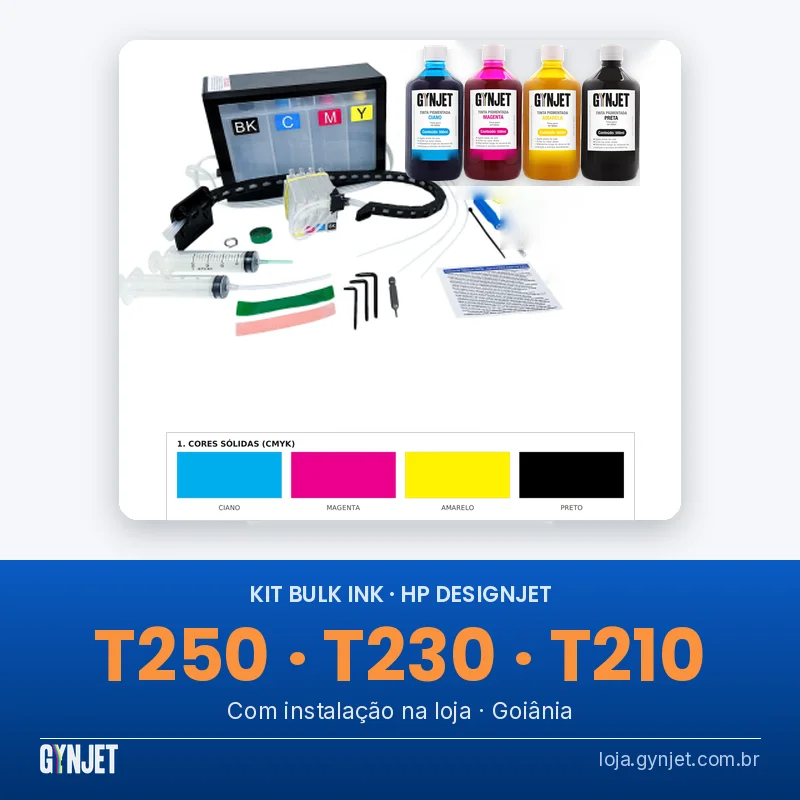 Bulk Ink para HP DesignJet T250, T230 e T210 com instalação em Goiânia: reservatório de 4 cores, cartuchos recarregáveis, esteira, seringa, chaves e manual, com 4 frascos de tinta pigmentada GYNJET ciano, magenta, amarelo e preto e página de teste CMYK