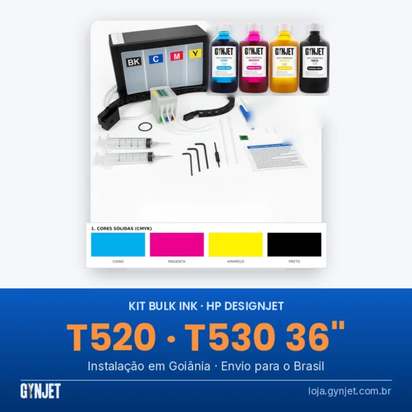 Kit Bulk Ink para HP DesignJet T520 e T530 (36 polegadas): reservatório de 4 cores, cartuchos recarregáveis, esteira, seringas, chaves e manual, com 4 frascos de tinta pigmentada GYNJET ciano, magenta, amarelo e preto e página de teste CMYK