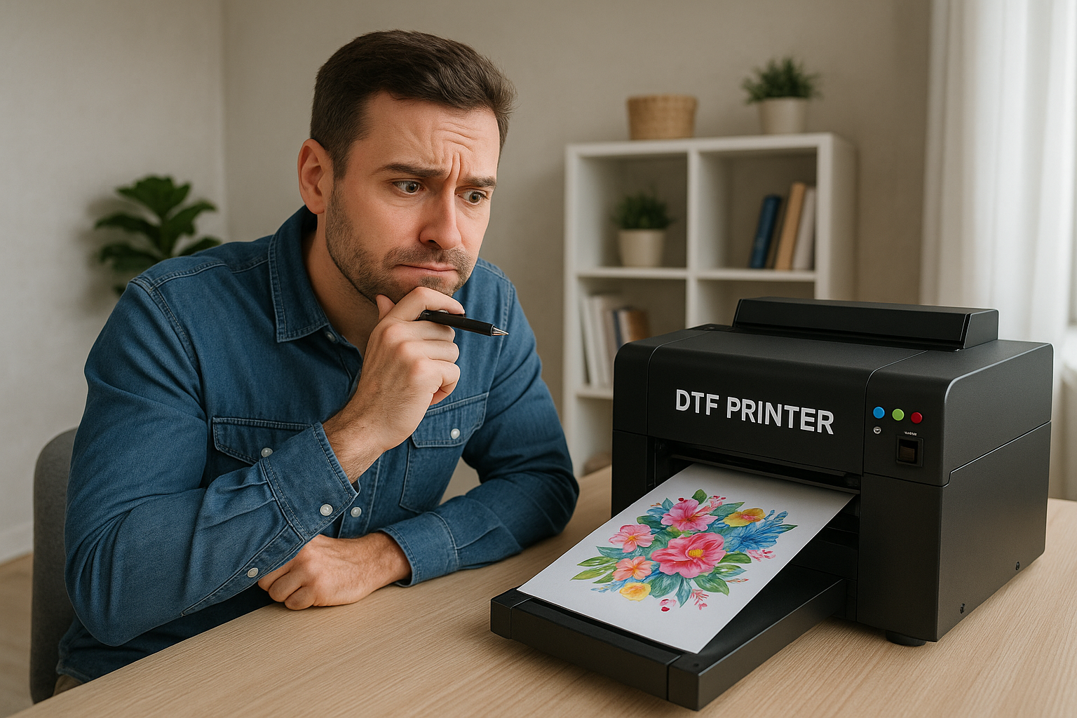 Cena de um empreendedor avaliando uma impressora DTF própria, representando o momento de decisão para investir no equipamento.