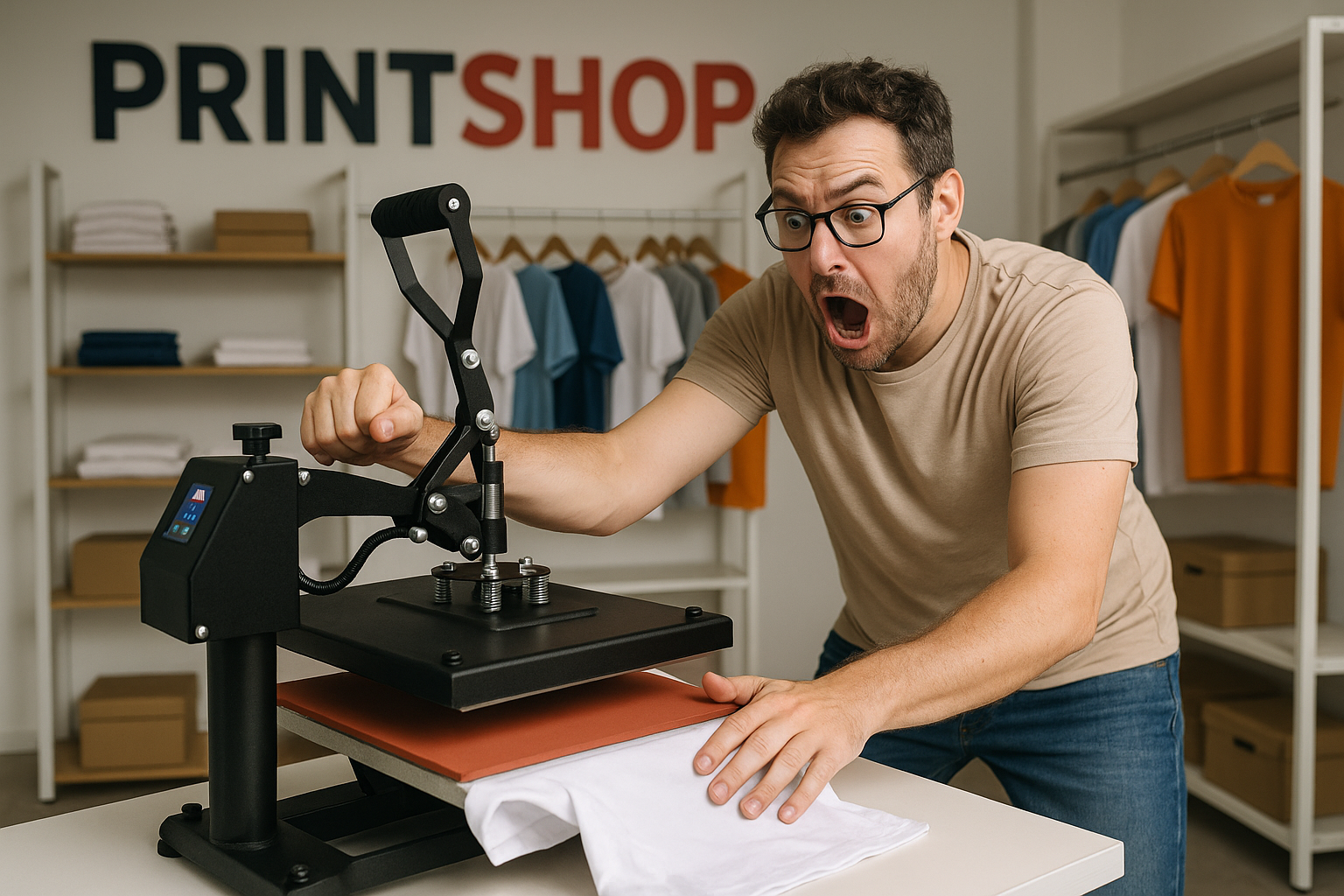 Imagem do processo de terceirização de impressão em Goiânia, mostrando uma loja especializada e um empreendedor cuidando da prensagem.