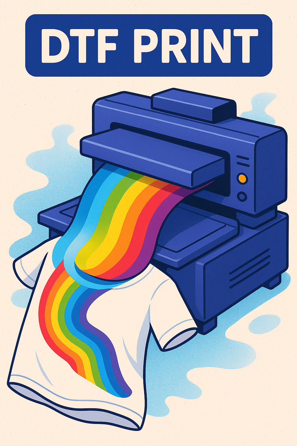 Ilustração vibrante mostrando a técnica de Impressão DTF com um arco-íris de cores sendo transferido para uma camiseta.
