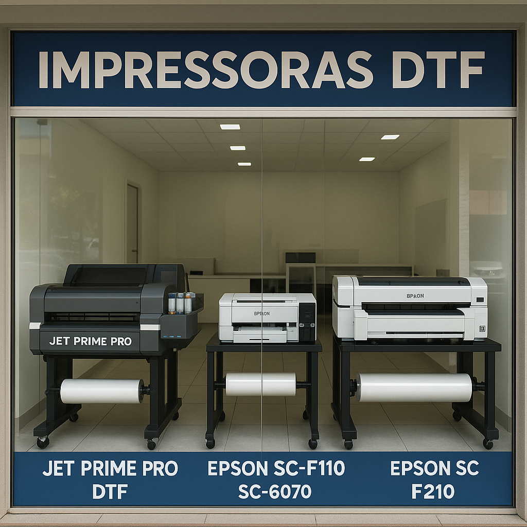 Foto de uma loja ou vitrine em Goiânia especializada em impressoras DTF, exibindo diferentes modelos disponíveis para venda, com destaque para os equipamentos mencionados (Jet Prime Pro, Epson SC-G6070, etc).