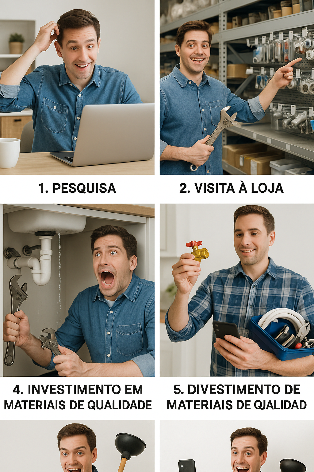 Sequência visual de passos para iniciantes: pesquisa, visita à loja, treinamento, investimento em materiais de qualidade e divulgação nas redes sociais, representada de forma didática e amigável.