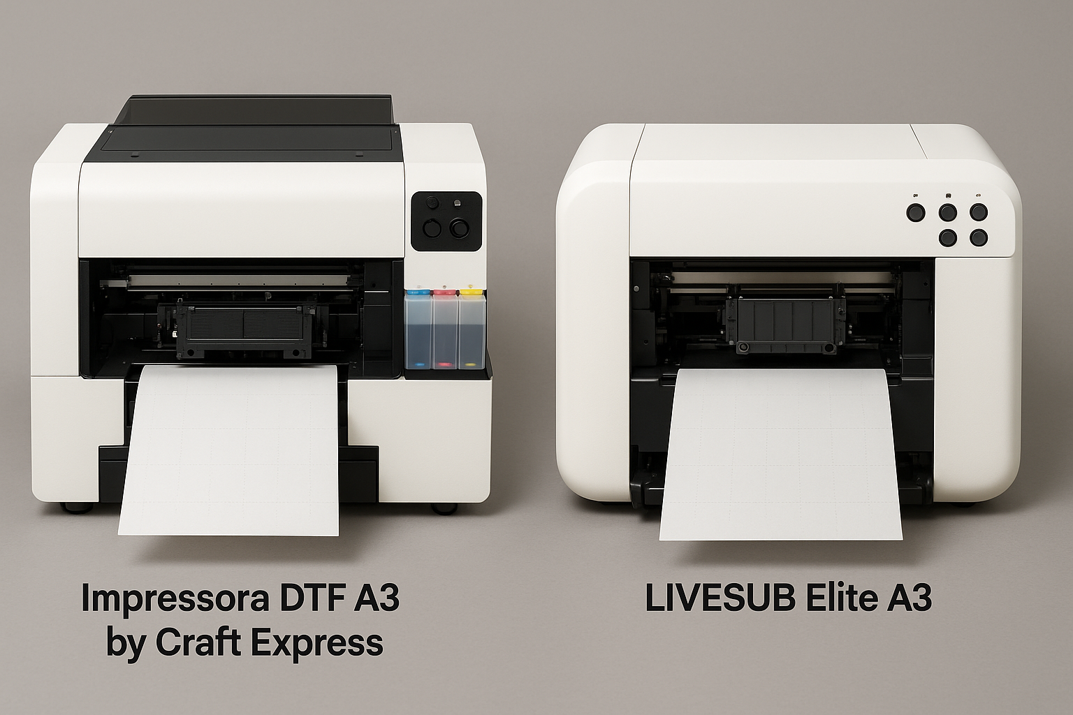 Imagem dos modelos de impressoras DTF A3 mencionados, como a Impressora DTF A3 by Craft Express e a LIVESUB Elite A3, com close na alta resolução e cabeçote DX5.
