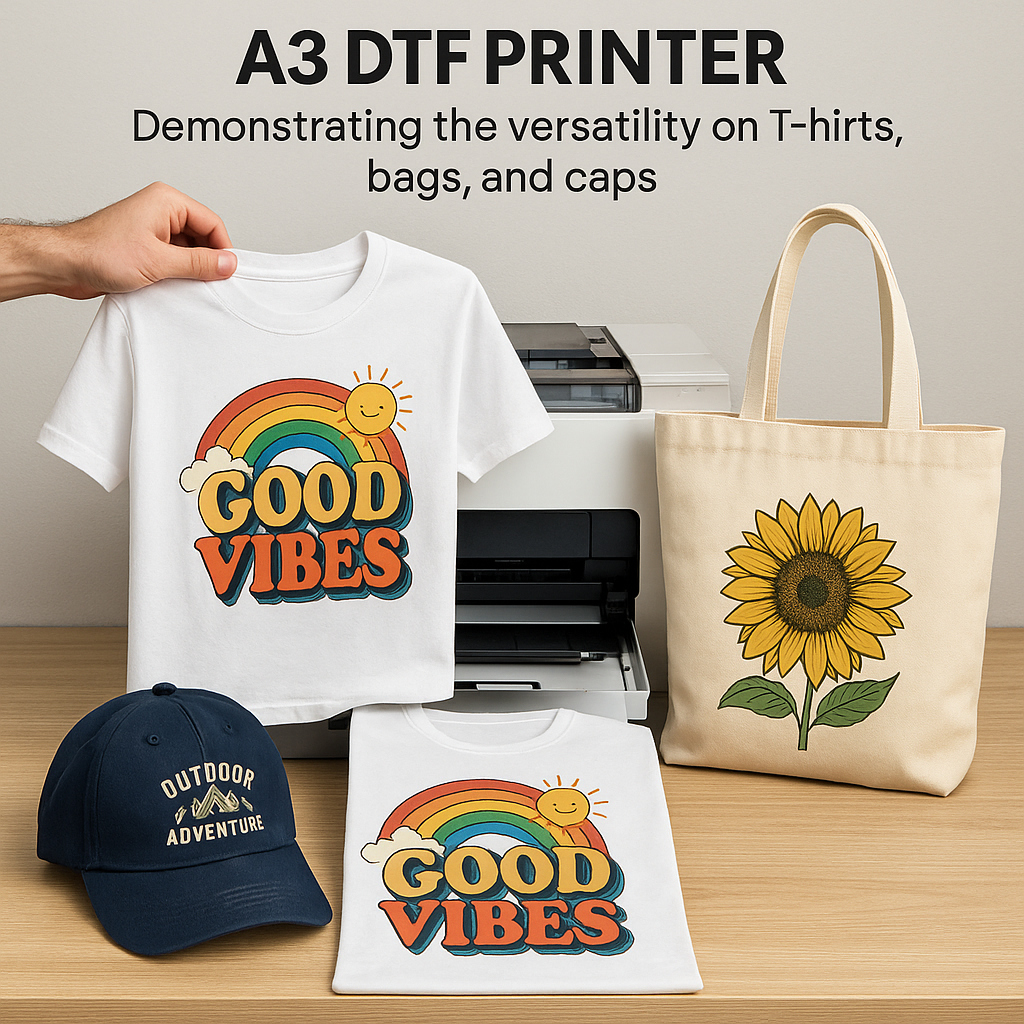 Foto demonstrativa do uso da impressora DTF A3 em diferentes materiais como camisetas, bolsas e bonés, destacando a versatilidade do tamanho A3.