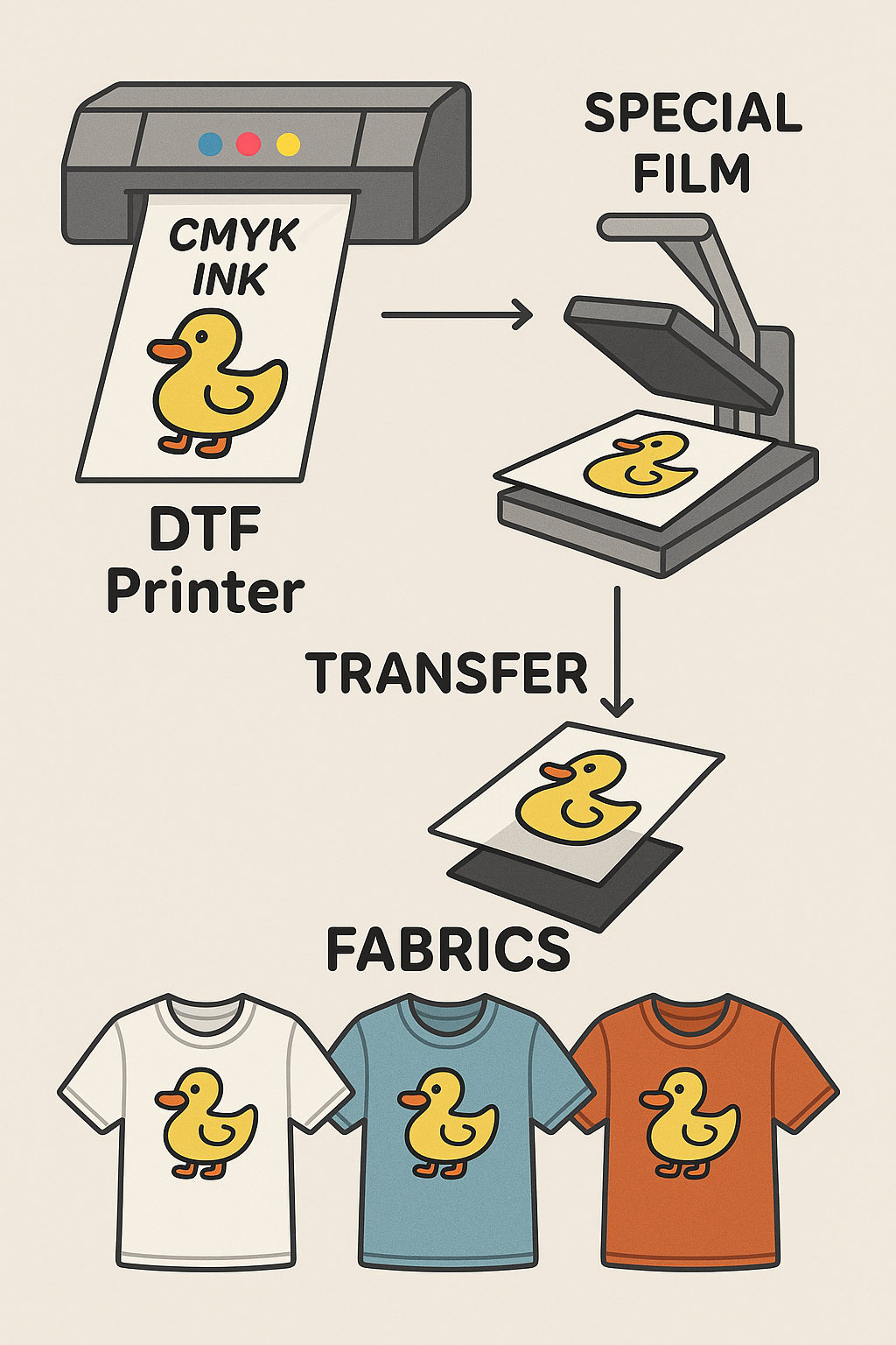 Ilustração explicando como funciona a impressão DTF, mostrando o processo da tinta sendo aplicada no filme especial e depois transferida para diferentes tecidos coloridos.