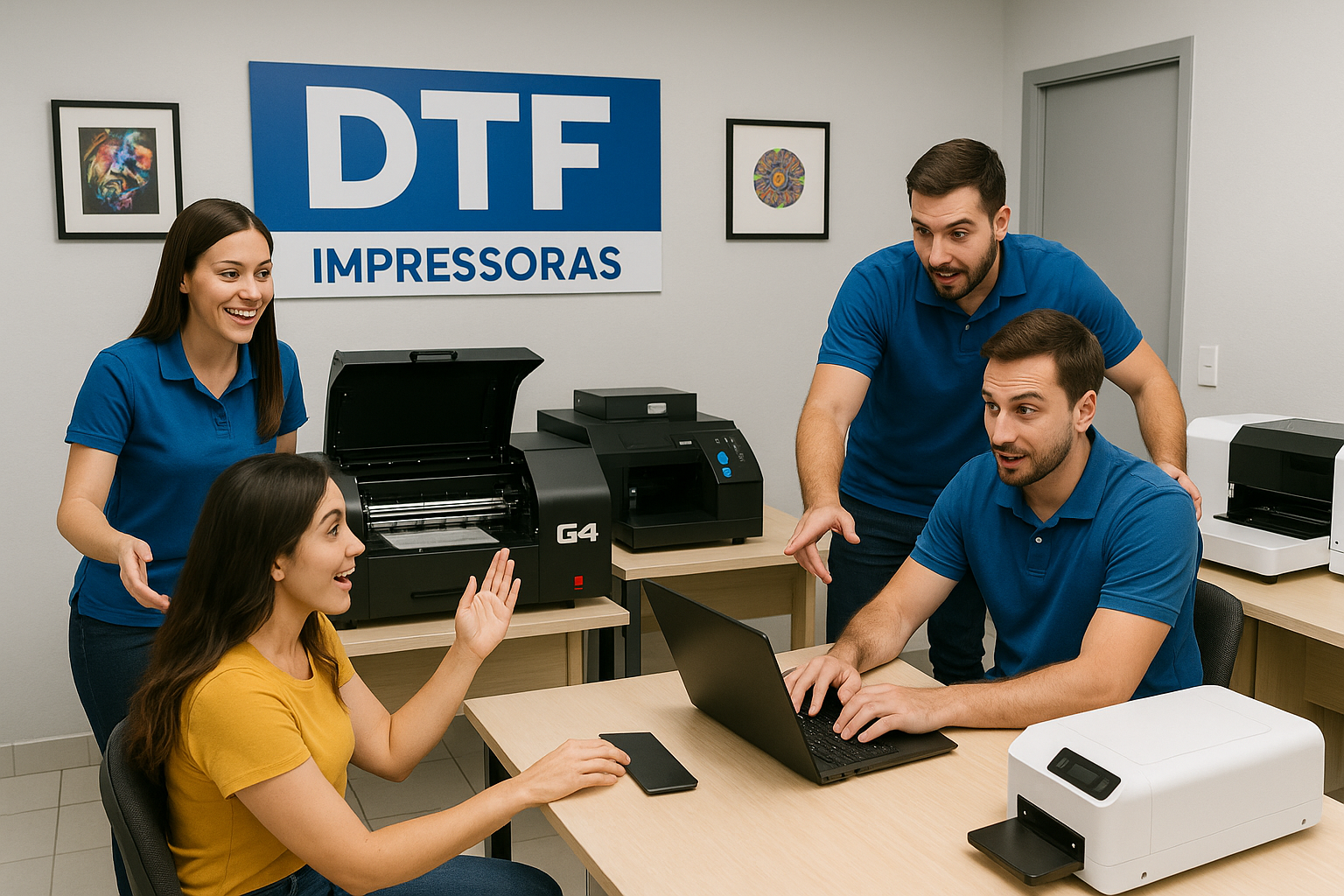 Foto de uma loja ou escritório em Goiânia especializada em venda e suporte de impressoras DTF, com representantes oferecendo treinamento e suporte técnico.