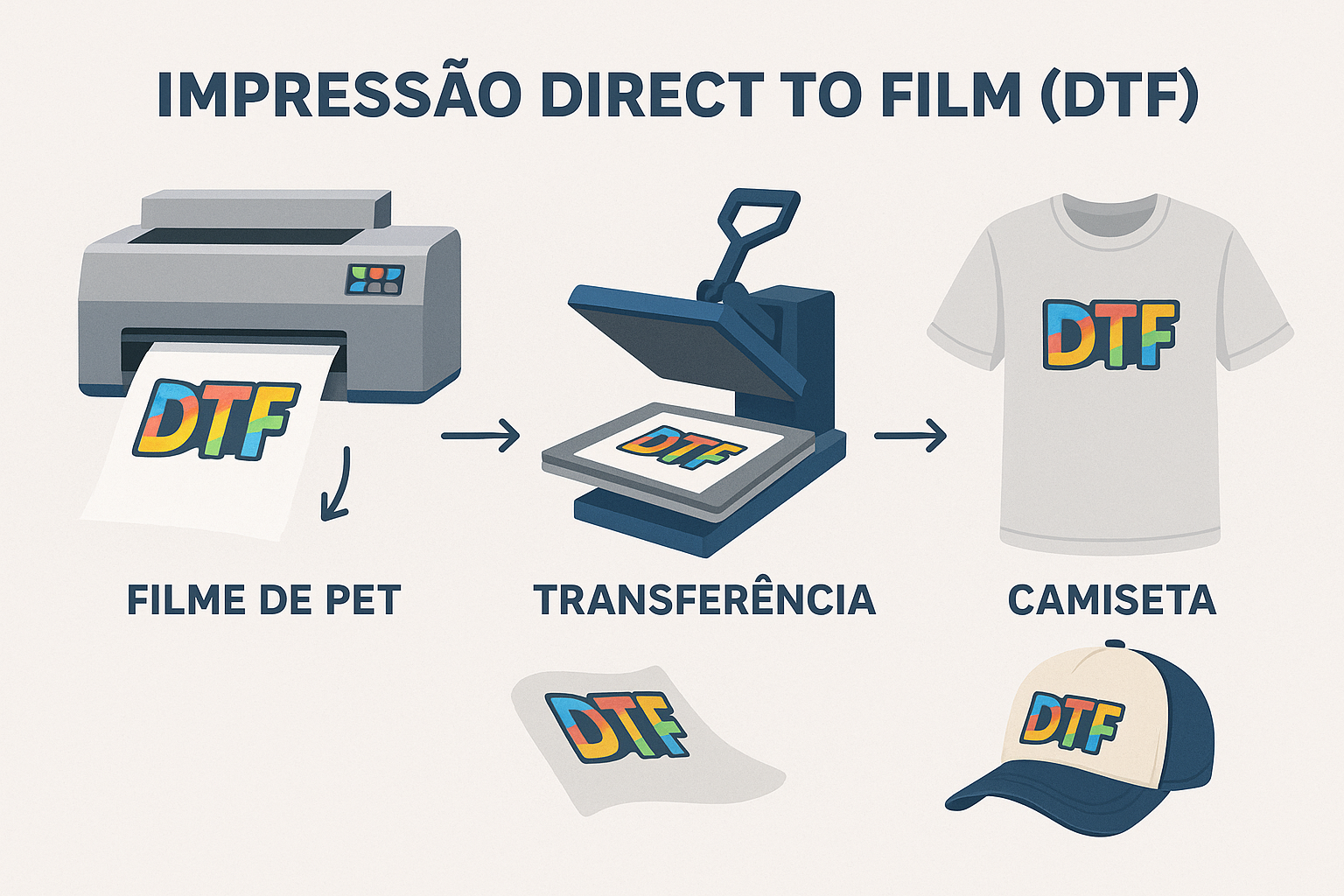 Diagrama explicativo da impressão Direct to Film (DTF) destacando o processo de impressão em filme e transferência para tecidos variados, incluindo camisetas e bonés.