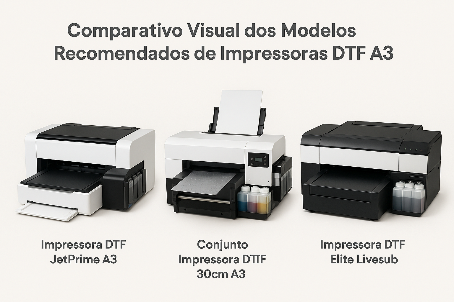 Comparativo visual dos modelos recomendados de impressoras DTF A3, incluindo Impressora DTF JetPrime A3, Conjunto Impressora DTF 30cm A3 e Impressora DTF Elite Livesub, mostrando suas características principais.