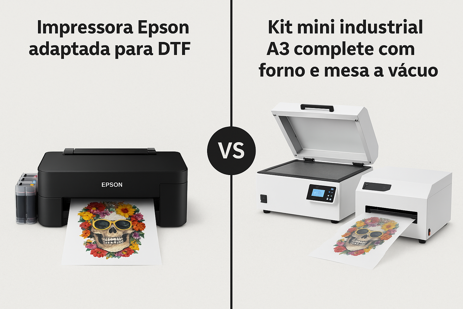 Comparativo visual entre uma impressora Epson adaptada para DTF e um kit mini industrial A3 completo com forno e mesa a vácuo, mostrando suas características principais.