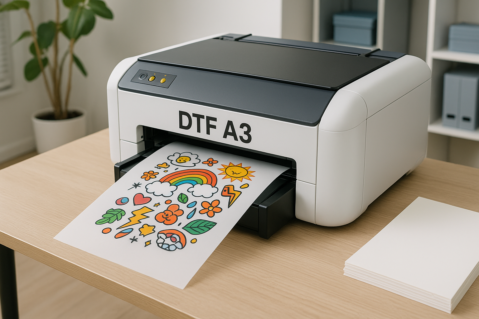 Imagem de uma impressora DTF A3 em ação, mostrando a impressão de um design colorido em filme especial, destacando o tamanho A3.