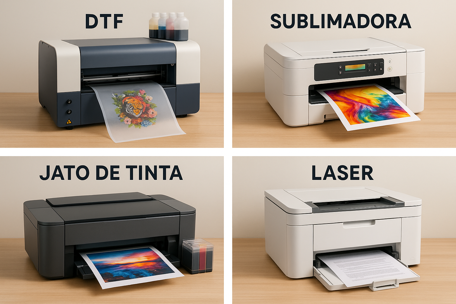 Imagem ilustrativa de diferentes tipos de impressoras digitais: DTF, sublimadora, jato de tinta e laser, destacando suas diferenças visuais.