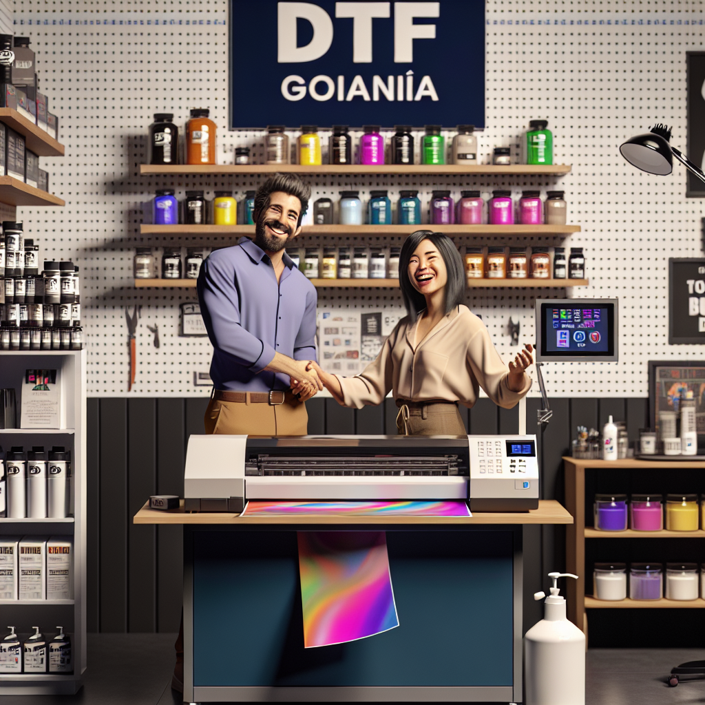 Ilustração divertida e explicativa mostrando o processo de adaptação das impressoras Epson L18050 e L8050 para impressão DTF, incluindo o misturador magnético, sistema de limpeza automática e ajustes de software.