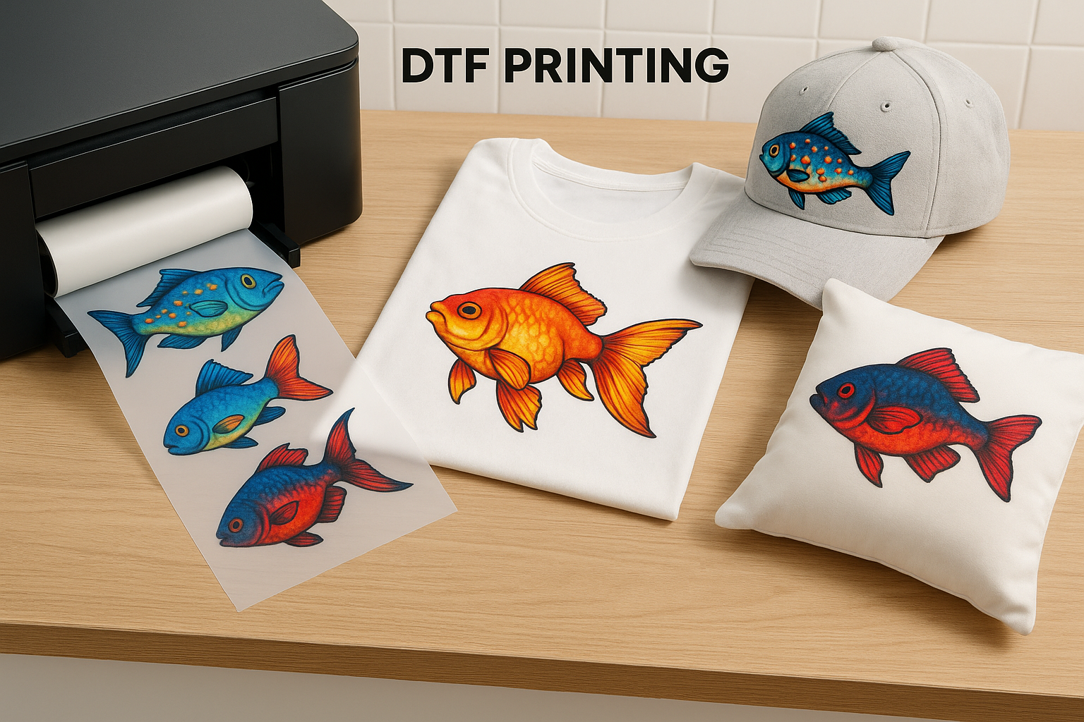 Representação da técnica DTF (Direct To Film) mostrando a impressão da imagem em um filme especial e sua transferência para camisetas, bonés e almofadas com estampas vibrantes.