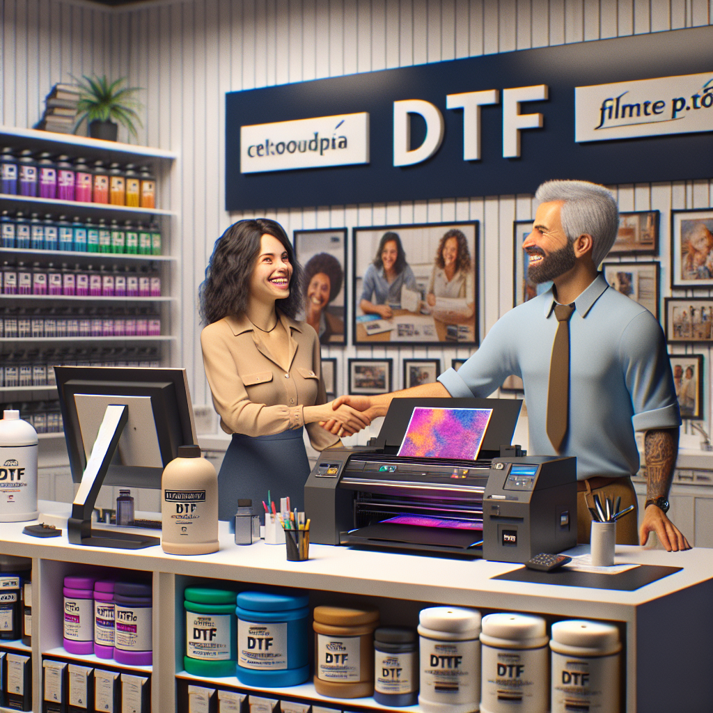 Ilustração explicativa do processo DTF: impressão, aplicação do pó colante e transferência para tecido