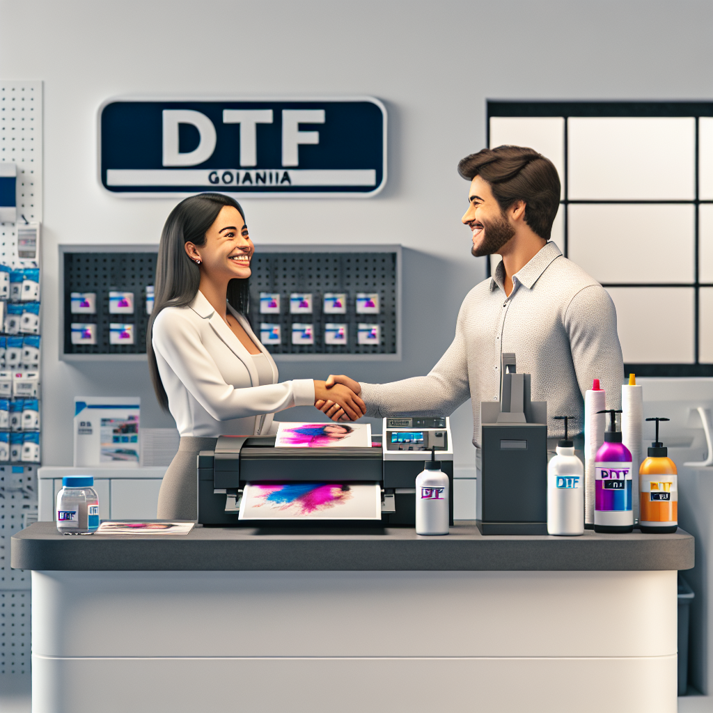 Ilustração explicando o funcionamento da impressora DTF Epson, mostrando o processo de impressão em filme e fixação térmica em camisetas e tecidos.