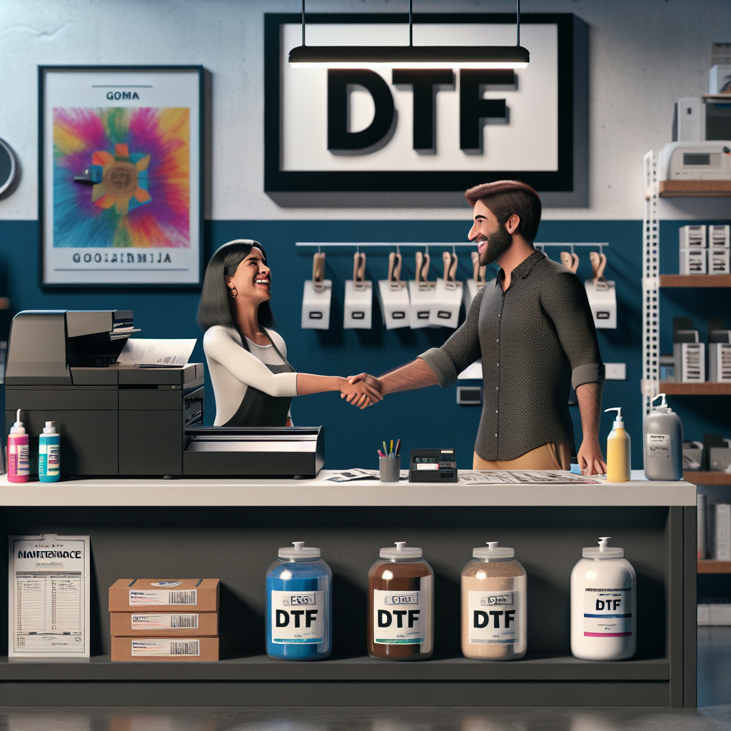 Imagem da loja ou interior da Formato Soluções Digitais em Goiânia, destacando impressoras DTF profissionais com cabeças Epson e equipamentos integrados como forno e agitador de pó.