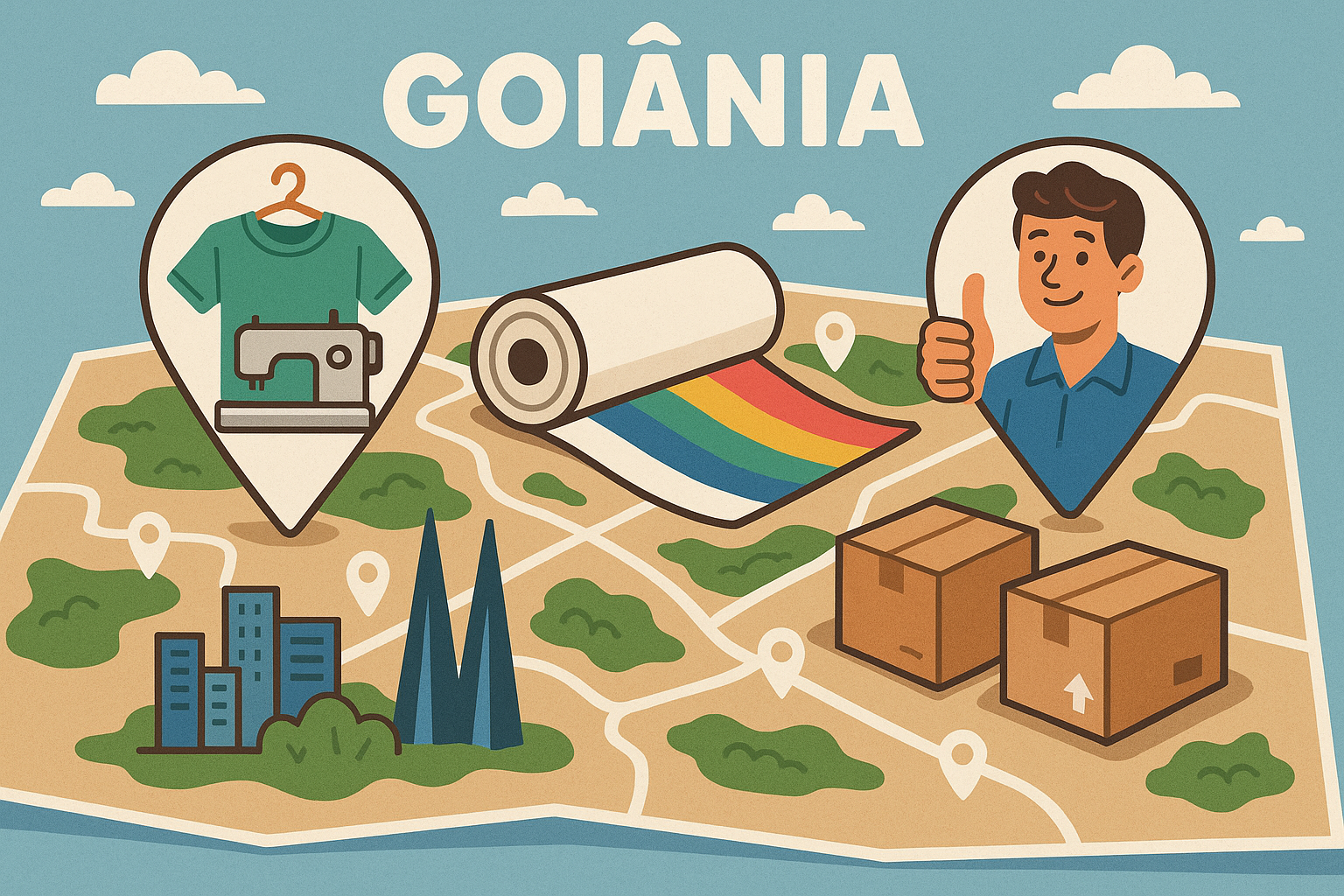 Mapa ou imagem simbólica de Goiânia ressaltando a cena local de personalização têxtil, fornecedores e suporte técnico para impressão digital.