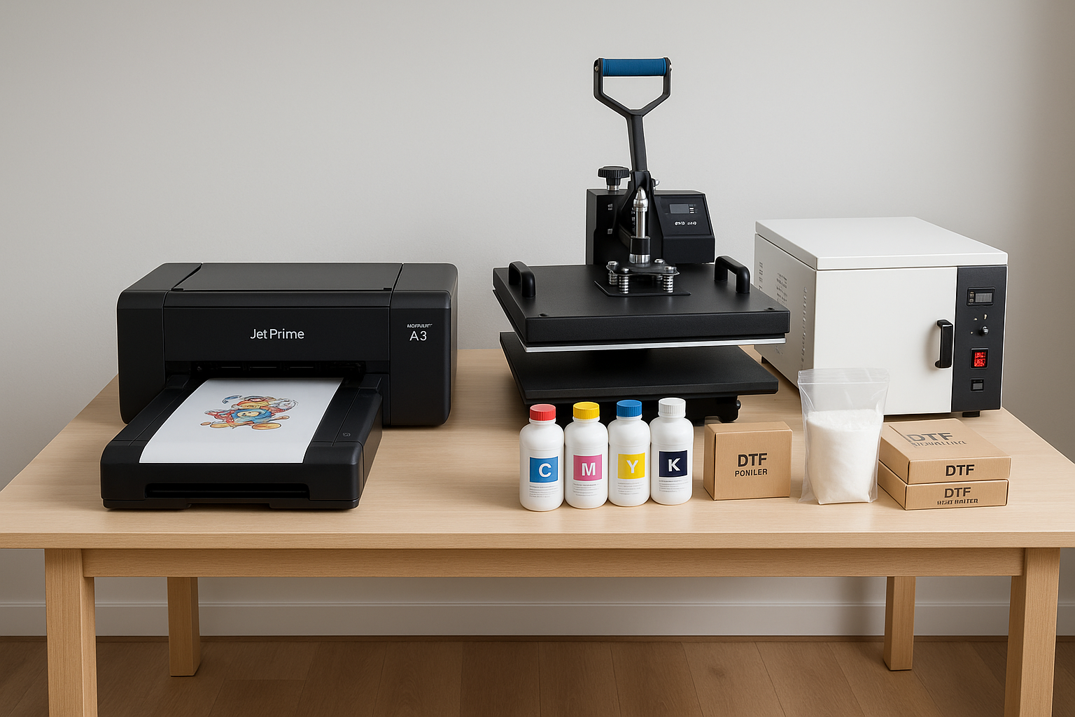 Setup básico para iniciantes em impressão DTF, com impressora DTF Jet Prime A3, prensa térmica, estufa de secagem e kit inicial de insumos organizados num ambiente de trabalho.