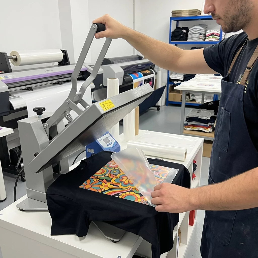 Transfer DTF sendo aplicado em camiseta preta