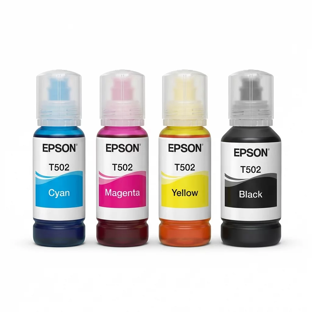 Frascos de tinta Epson nas cores ciano, magenta, amarelo e preto