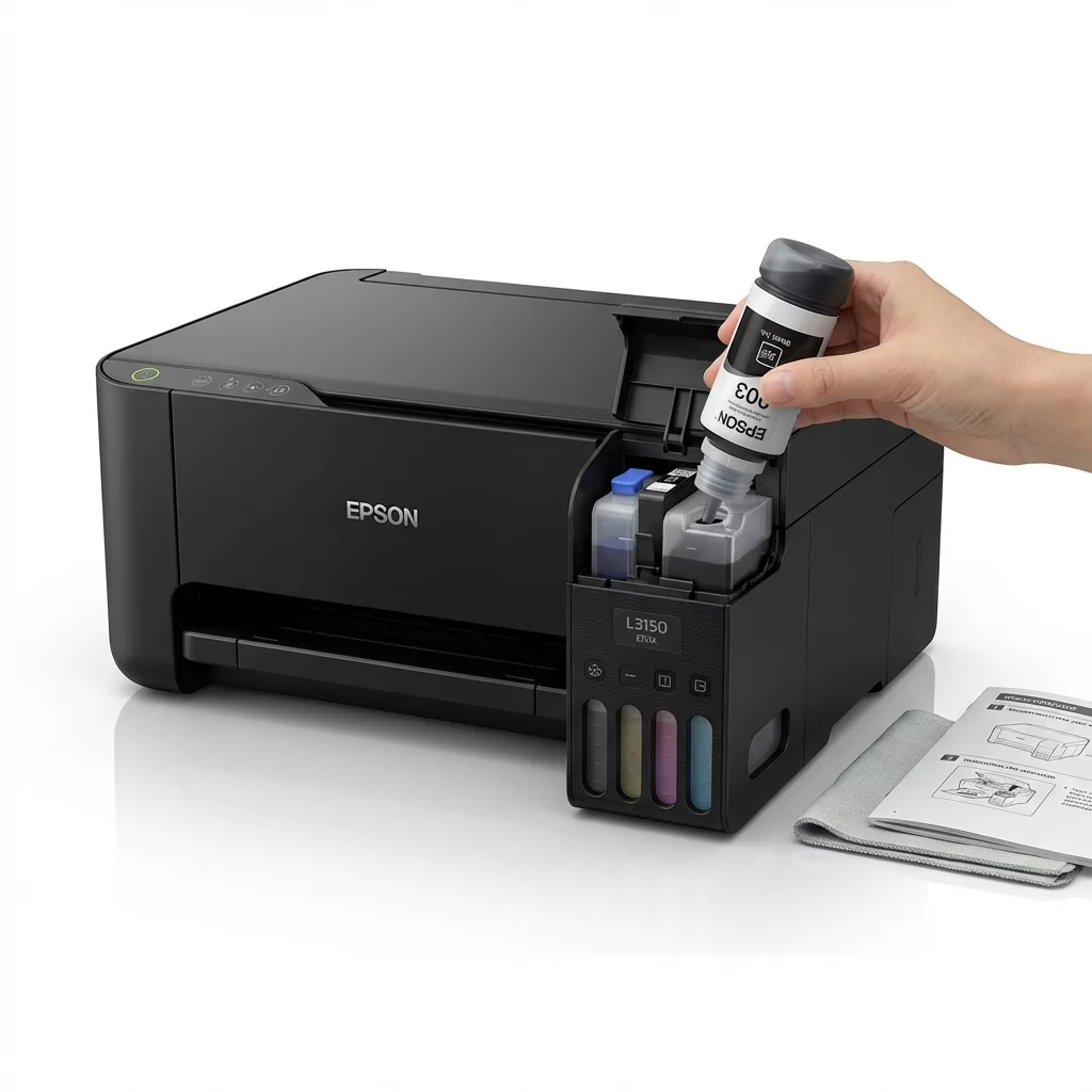 Impressora Epson L3150 EcoTank com tanques de tinta visíveis