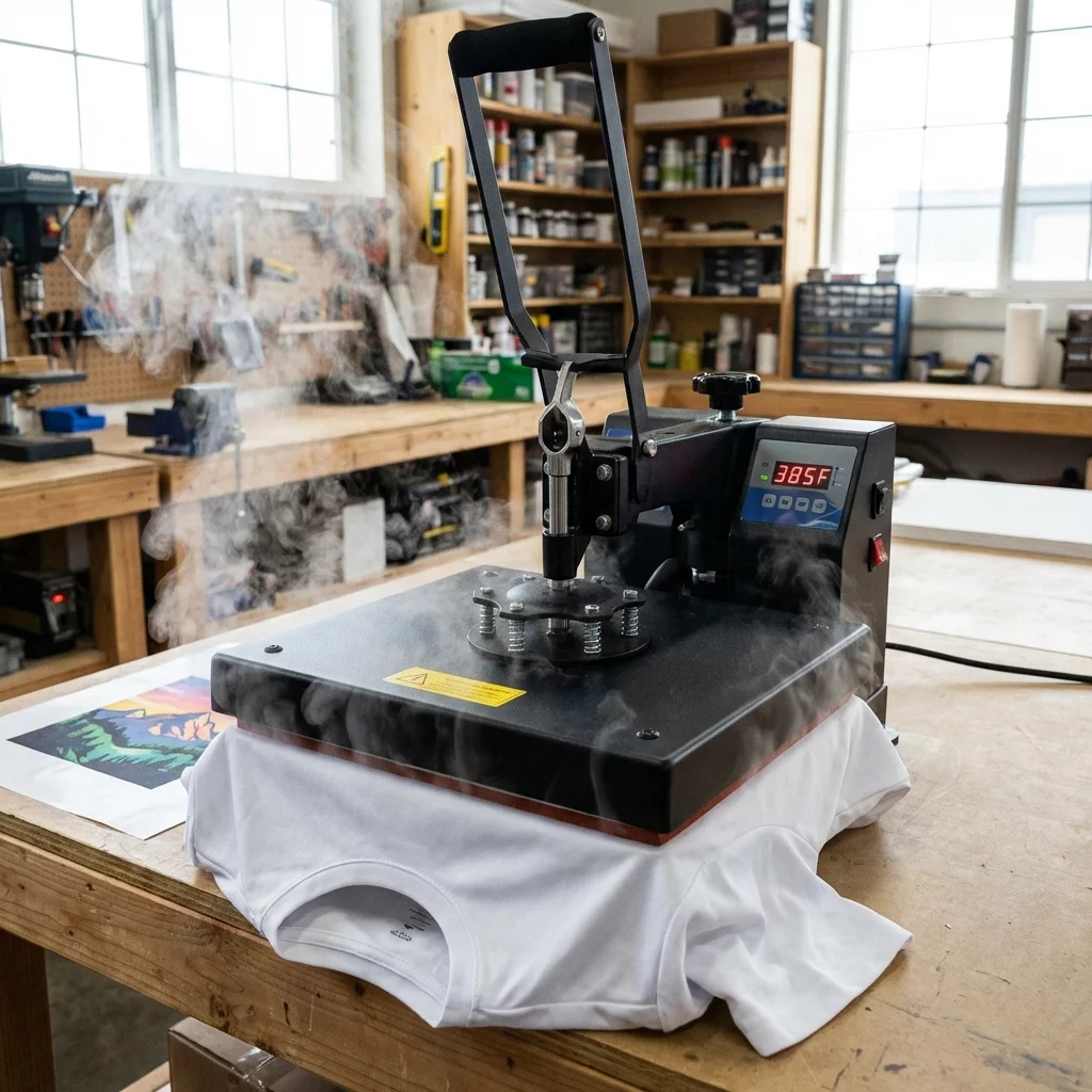 Prensa termica transferindo arte para camiseta