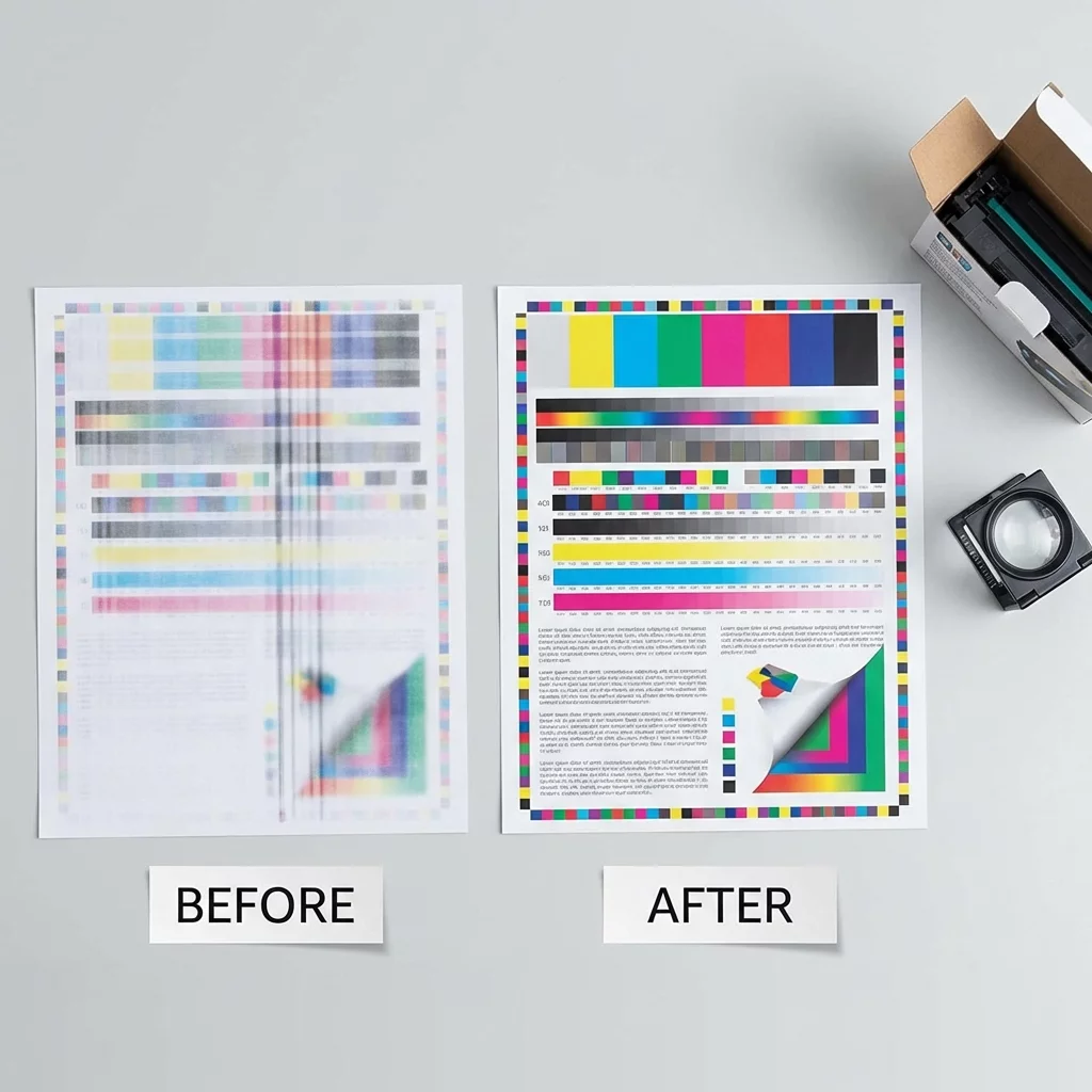 Comparação antes e depois de qualidade de impressão