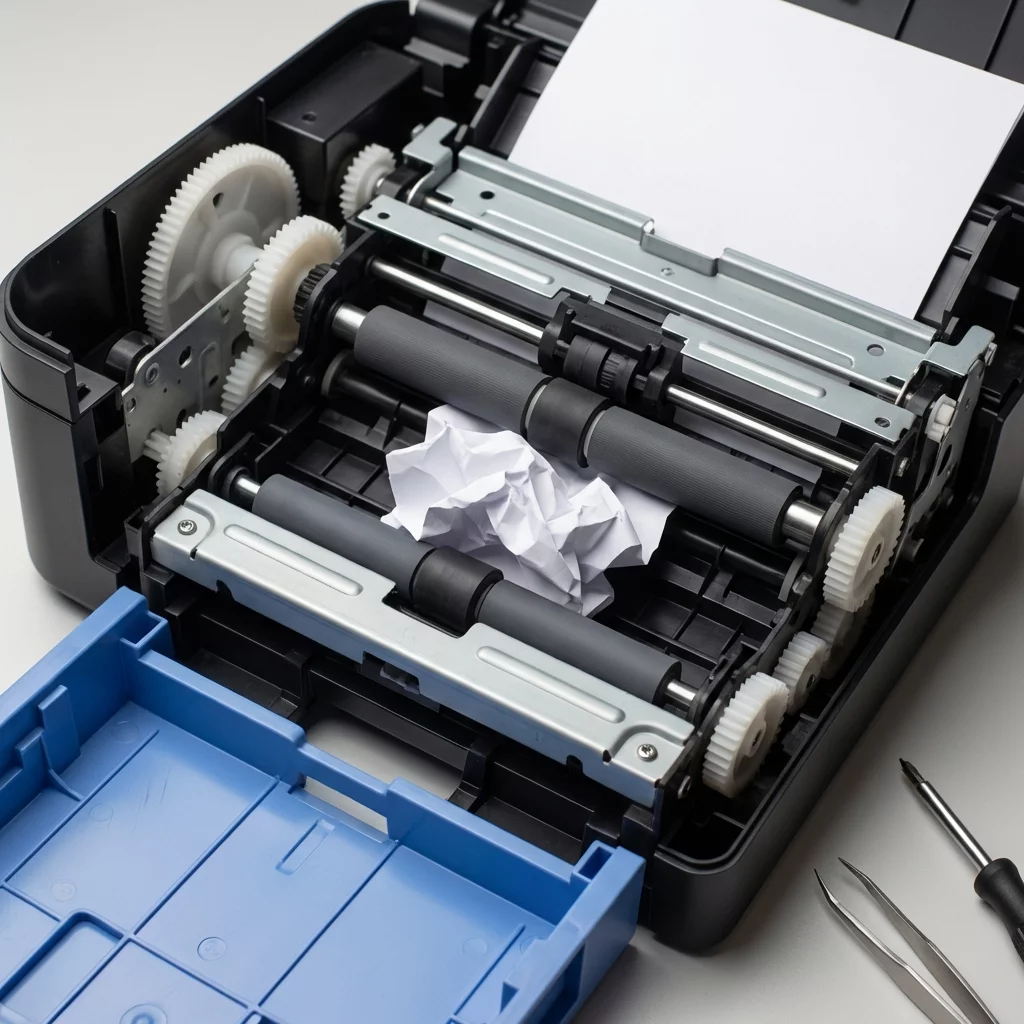 Mecanismo de alimentação de papel de impressora aberto