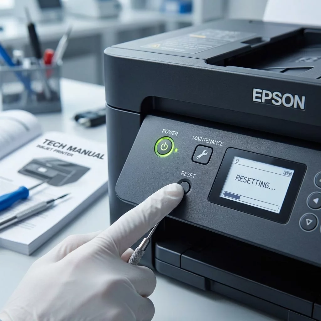 Técnico pressionando botão de reset em impressora Epson