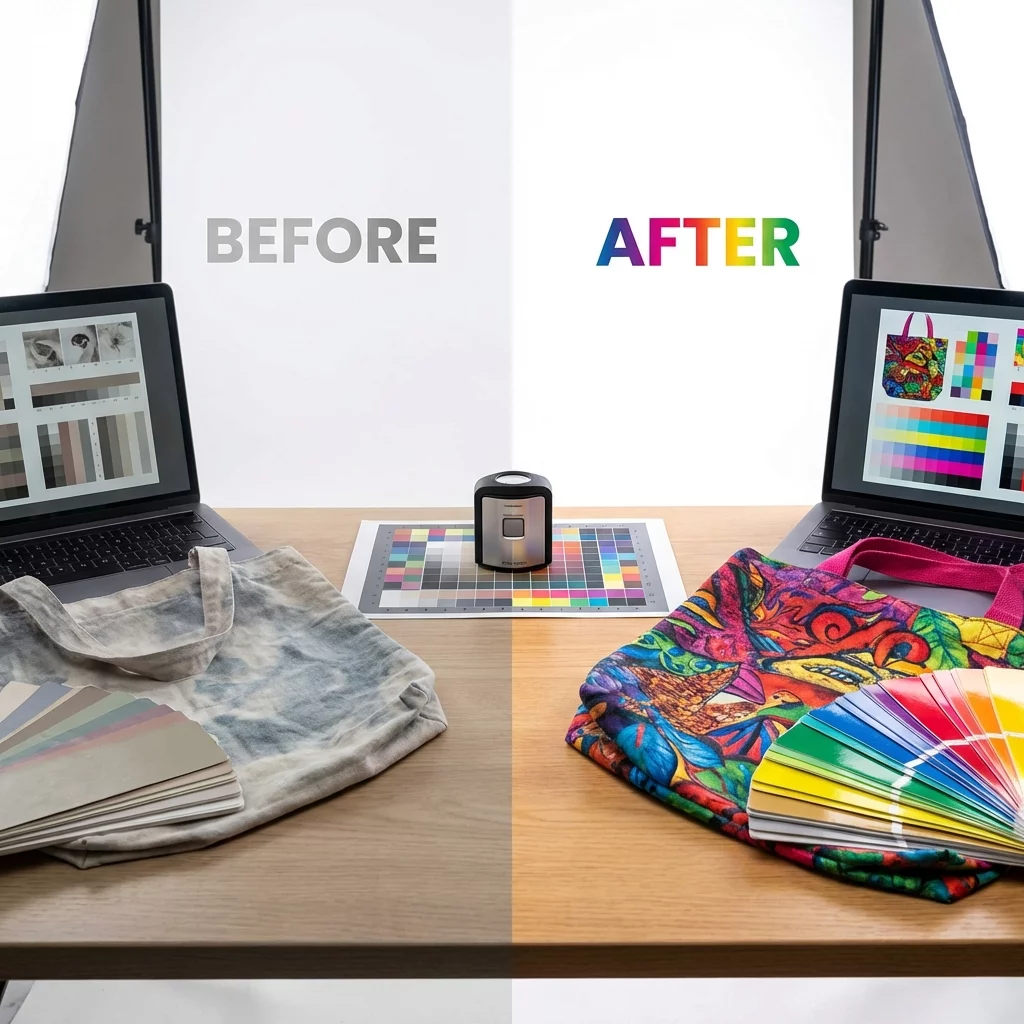 Comparacao antes e depois de calibracao de cores na sublimacao