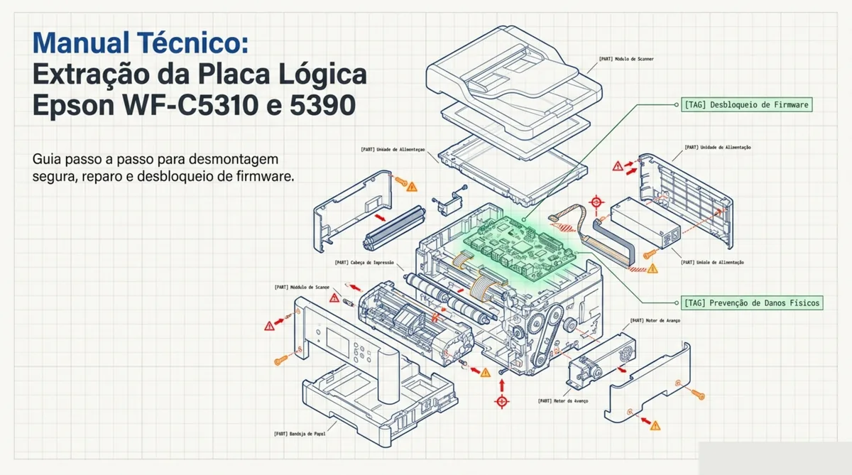 Reset Epson WF-C5390 — Manual Técnico — Visão Geral da Extração da Placa Lógica (Manual Gynjet)