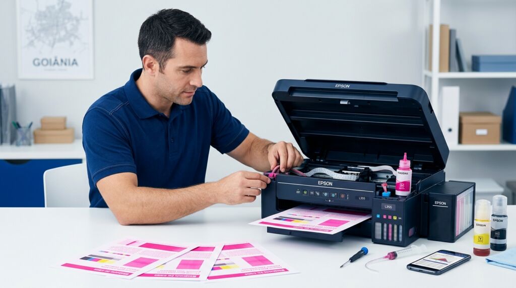A Impressora Epson L355 Só Imprime Rosa? Saiba Por Que e Como Resolver em Goiânia