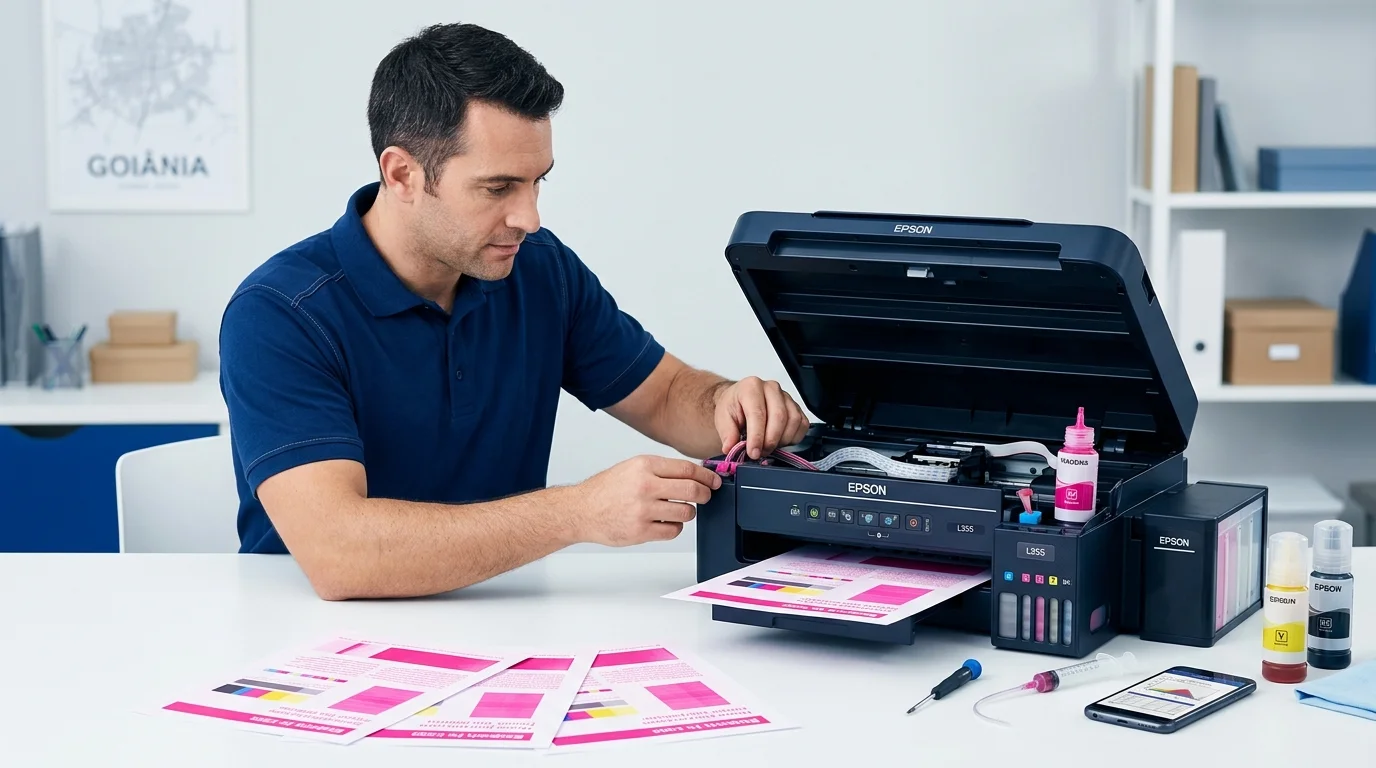 A Impressora Epson L355 Só Imprime Rosa? Saiba Por Que e Como Resolver em Goiânia