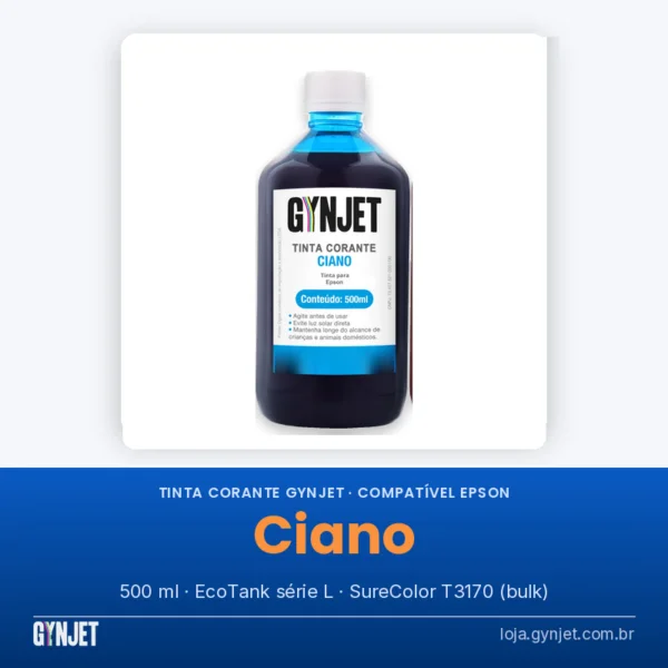 Frasco de tinta corante compatível GYNJET ciano de 500 ml, para Epson EcoTank série L e SureColor T3170