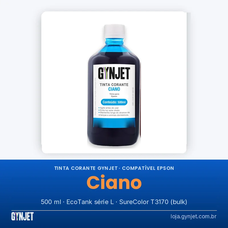 Frasco de tinta corante compatível GYNJET ciano de 500 ml, para Epson EcoTank série L e SureColor T3170