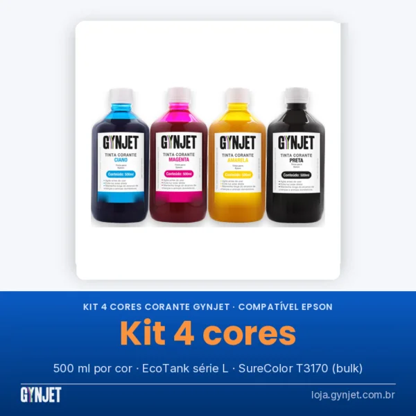 Kit com quatro frascos de tinta corante compatível GYNJET, ciano, magenta, amarelo e preto, 500 ml cada, para Epson EcoTank série L e SureColor T3170